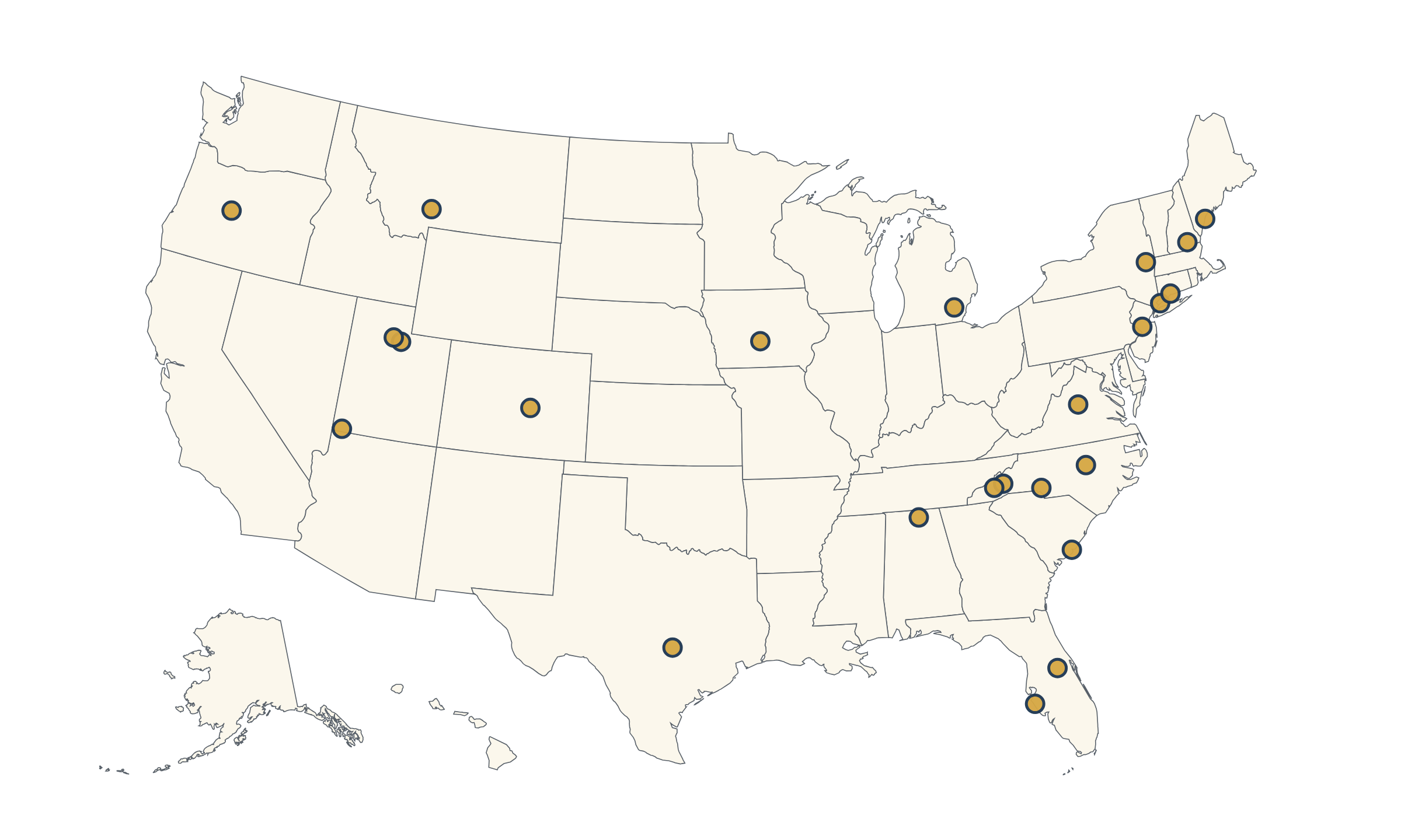Map of the TownLetter Media network across local and regional US markets